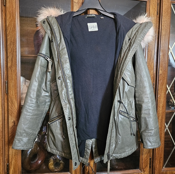 SAM. New York Women's Coat Size S PINK RACCOON FUR HOODIE Army Green Jacket - Picture 2 of 15
